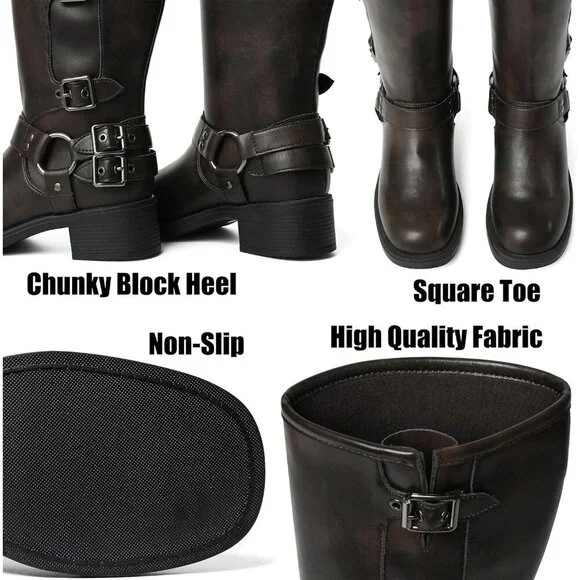 Women's Brown AMINUGAL Knee High Boots Square Toe Wide Calf Chunky Heel - Picture 6 of 6